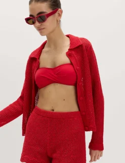 Cotton Blend Crochet-Style Collared Cardigan