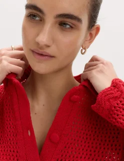 Cotton Blend Crochet-Style Collared Cardigan
