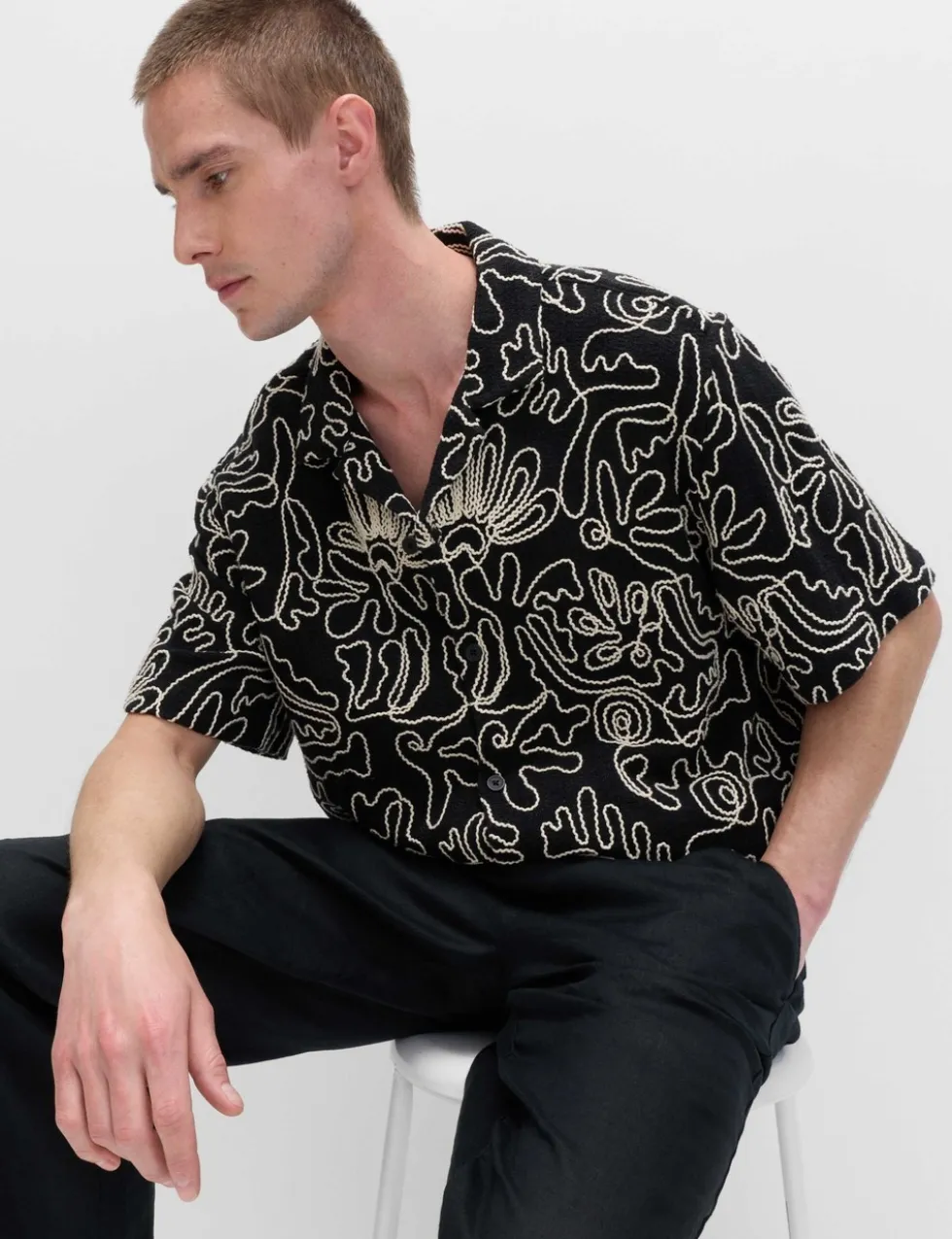Cotton Blend Embroidered Short Sleeve Shirt