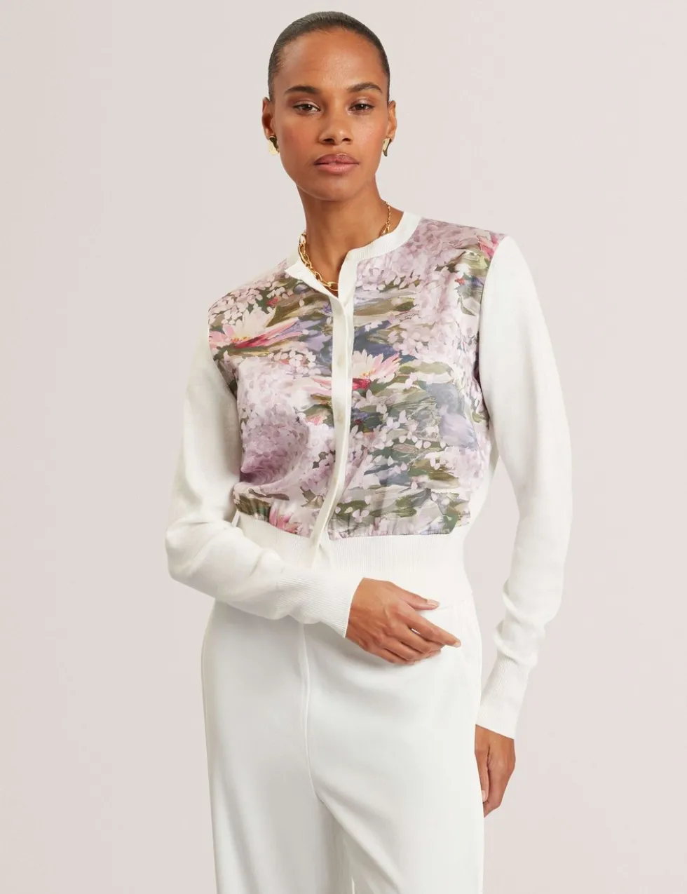 Cotton Blend Floral Button Front Cardigan