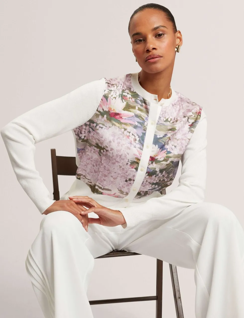 Cotton Blend Floral Button Front Cardigan