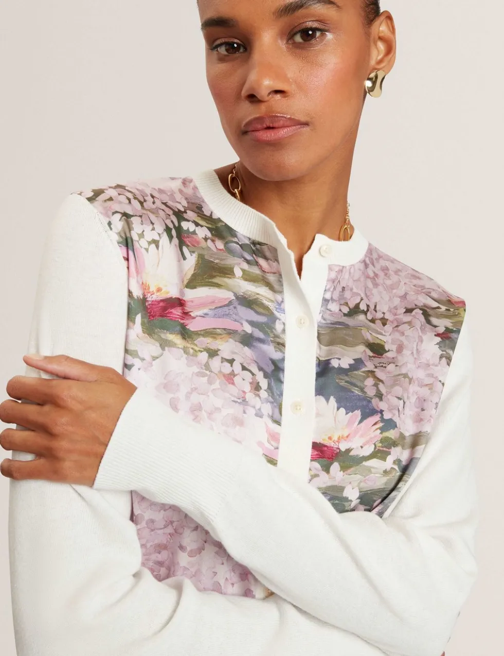 Cotton Blend Floral Button Front Cardigan