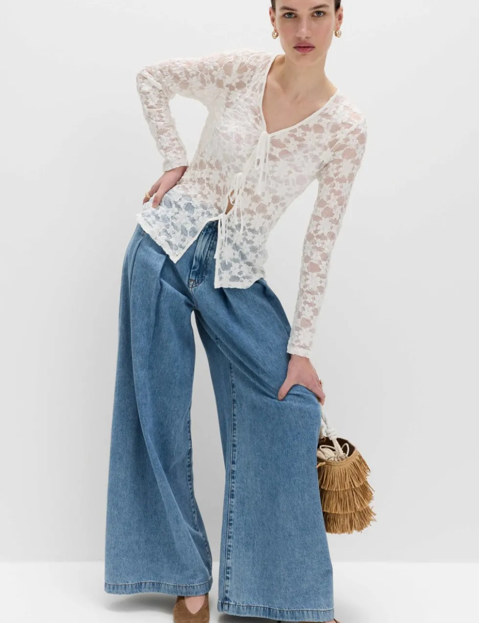 Cotton Blend Floral Lace Tie Front Top