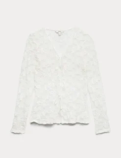 Cotton Blend Floral Lace Tie Front Top
