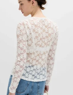 Cotton Blend Floral Lace Tie Front Top