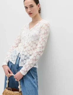 Cotton Blend Floral Lace Tie Front Top