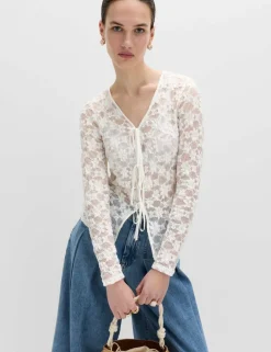 Cotton Blend Floral Lace Tie Front Top