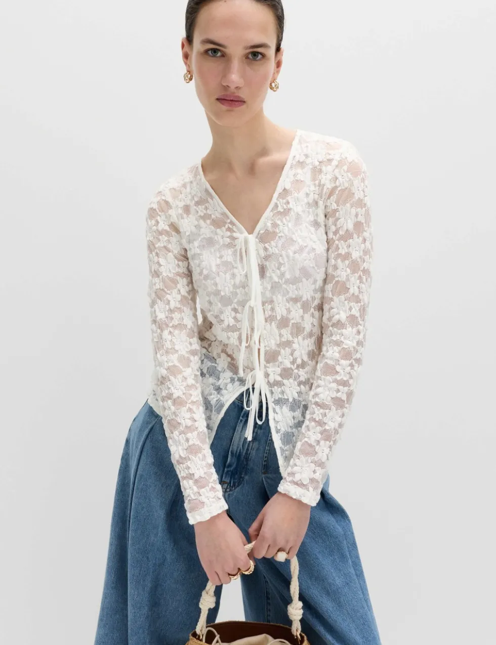 Cotton Blend Floral Lace Tie Front Top