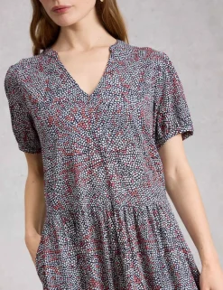 Cotton Blend Floral V-Neck Midi Tea Dress