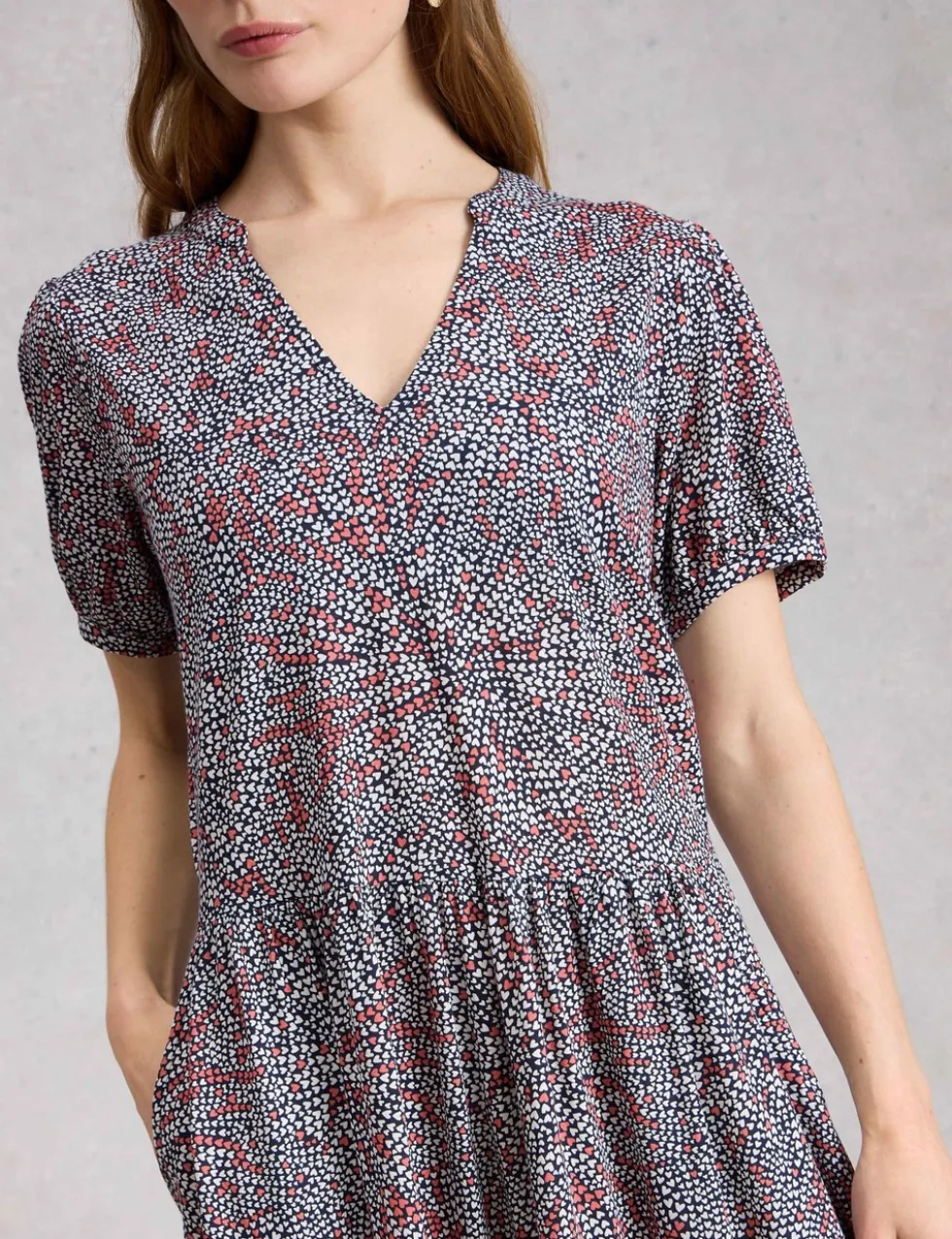Cotton Blend Floral V-Neck Midi Tea Dress