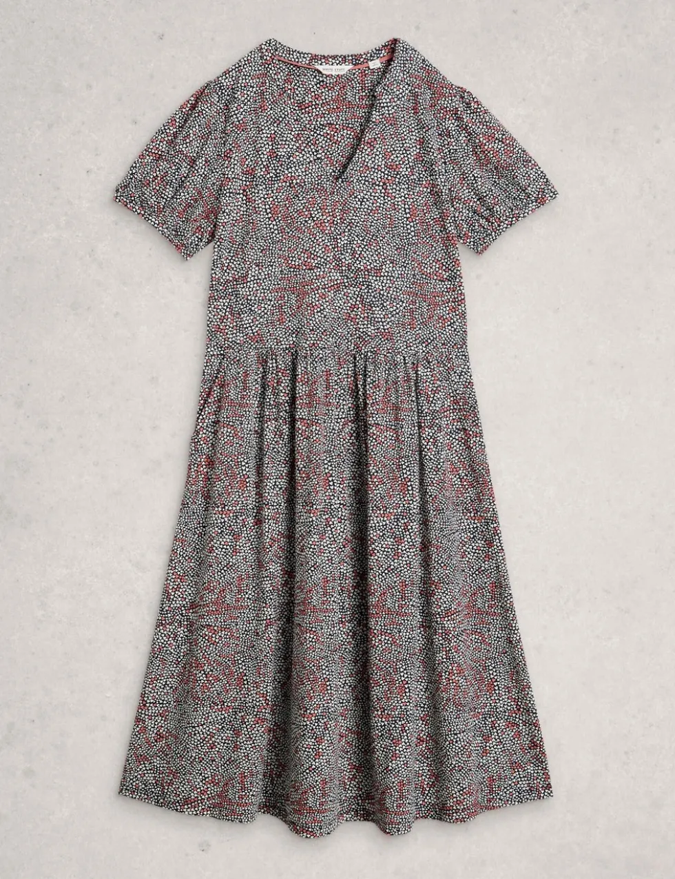Cotton Blend Floral V-Neck Midi Tea Dress