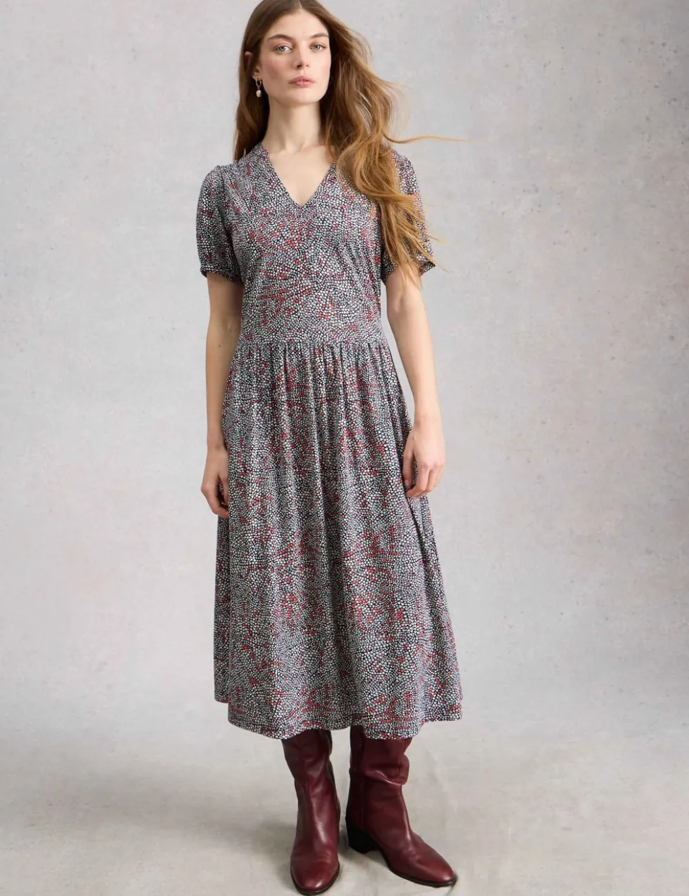 Cotton Blend Floral V-Neck Midi Tea Dress
