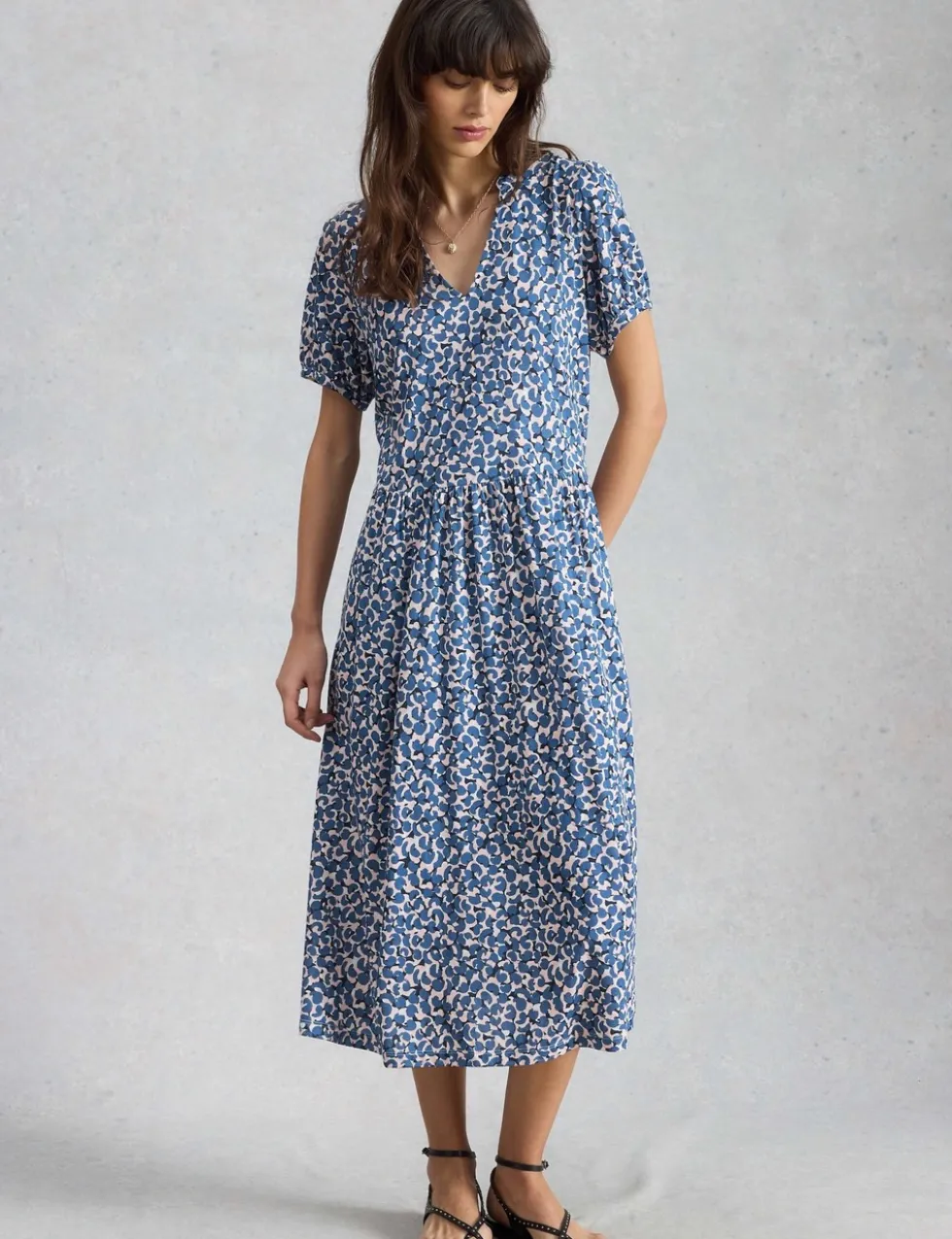 Cotton Blend Floral V-Neck Midi Tea Dress