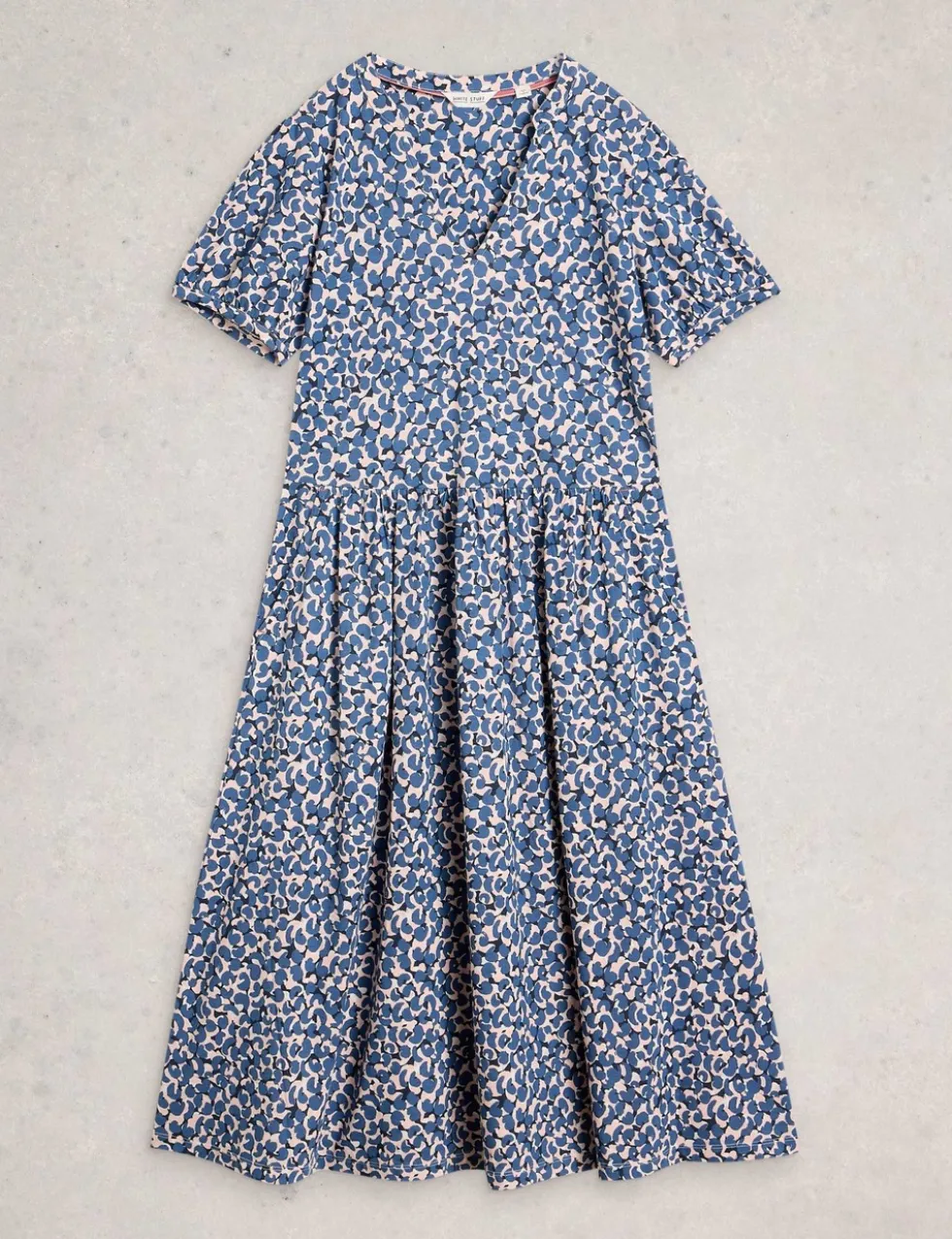 Cotton Blend Floral V-Neck Midi Tea Dress