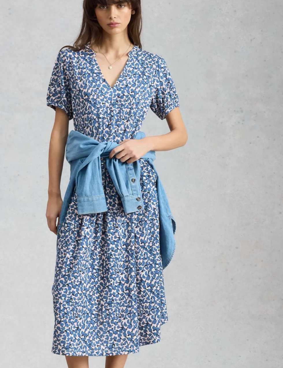 Cotton Blend Floral V-Neck Midi Tea Dress