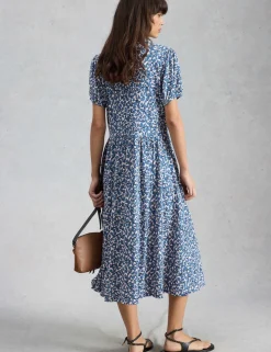 Cotton Blend Floral V-Neck Midi Tea Dress