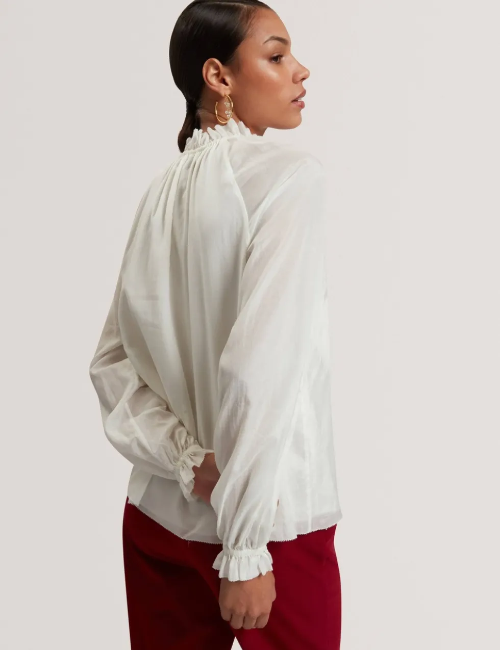 Cotton Blend Gathered Ruffle Blouse