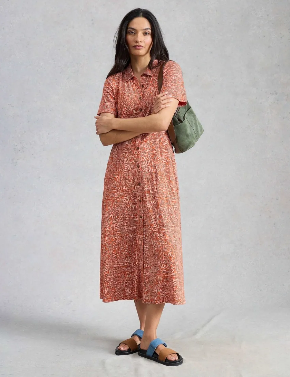 Cotton Blend Heart Print Midi Shirt Dress