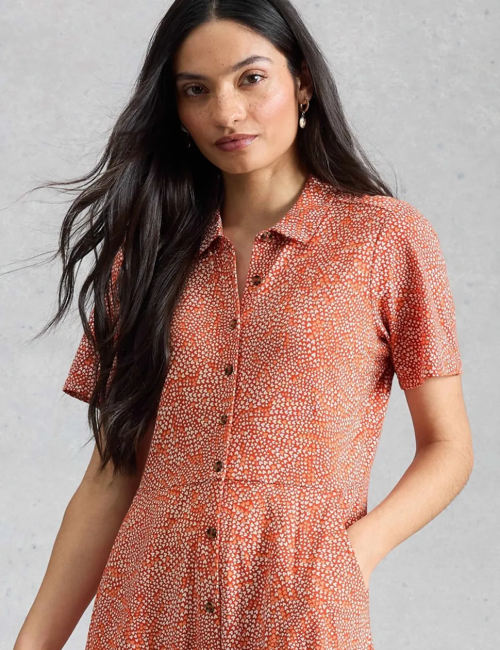 Cotton Blend Heart Print Midi Shirt Dress