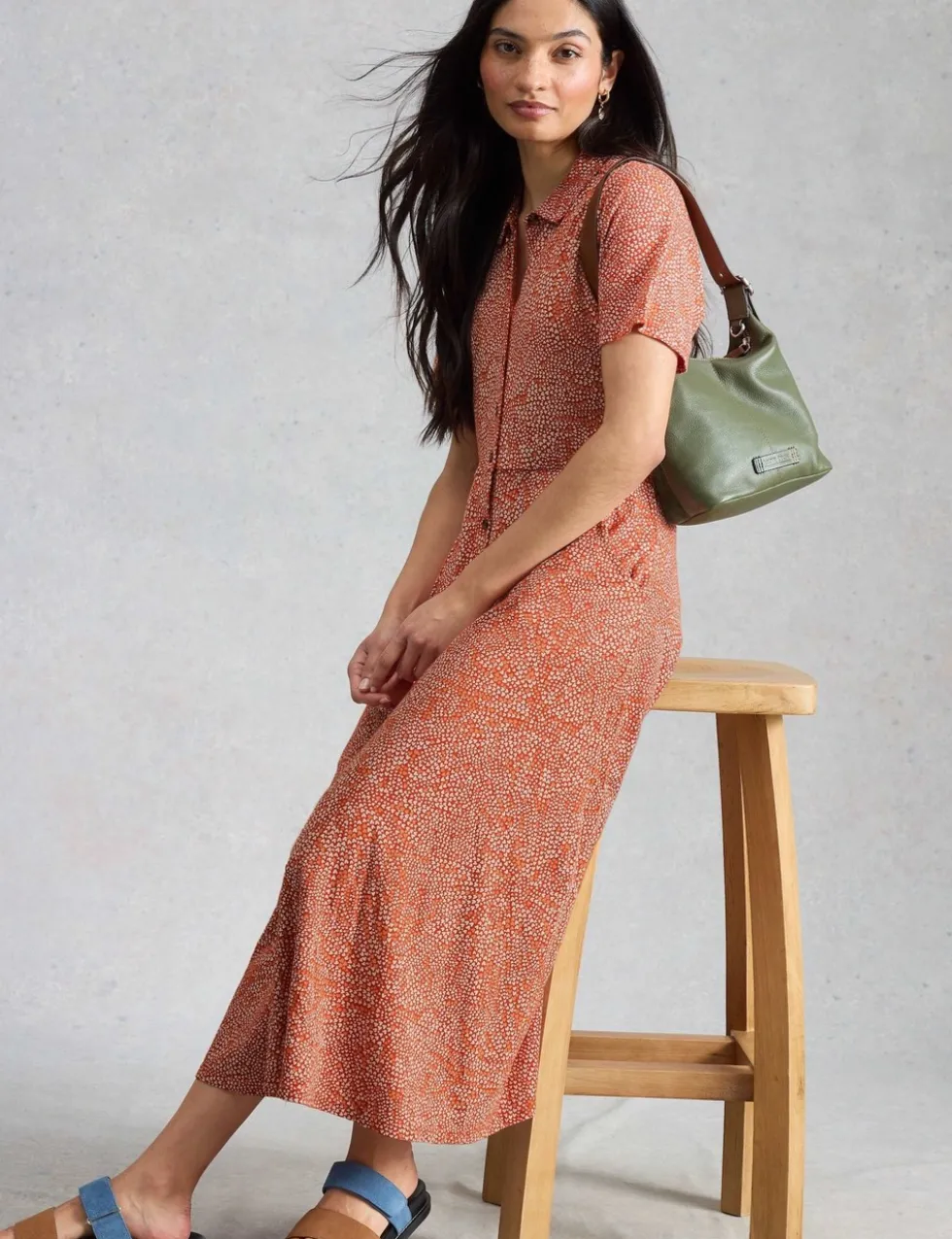 Cotton Blend Heart Print Midi Shirt Dress