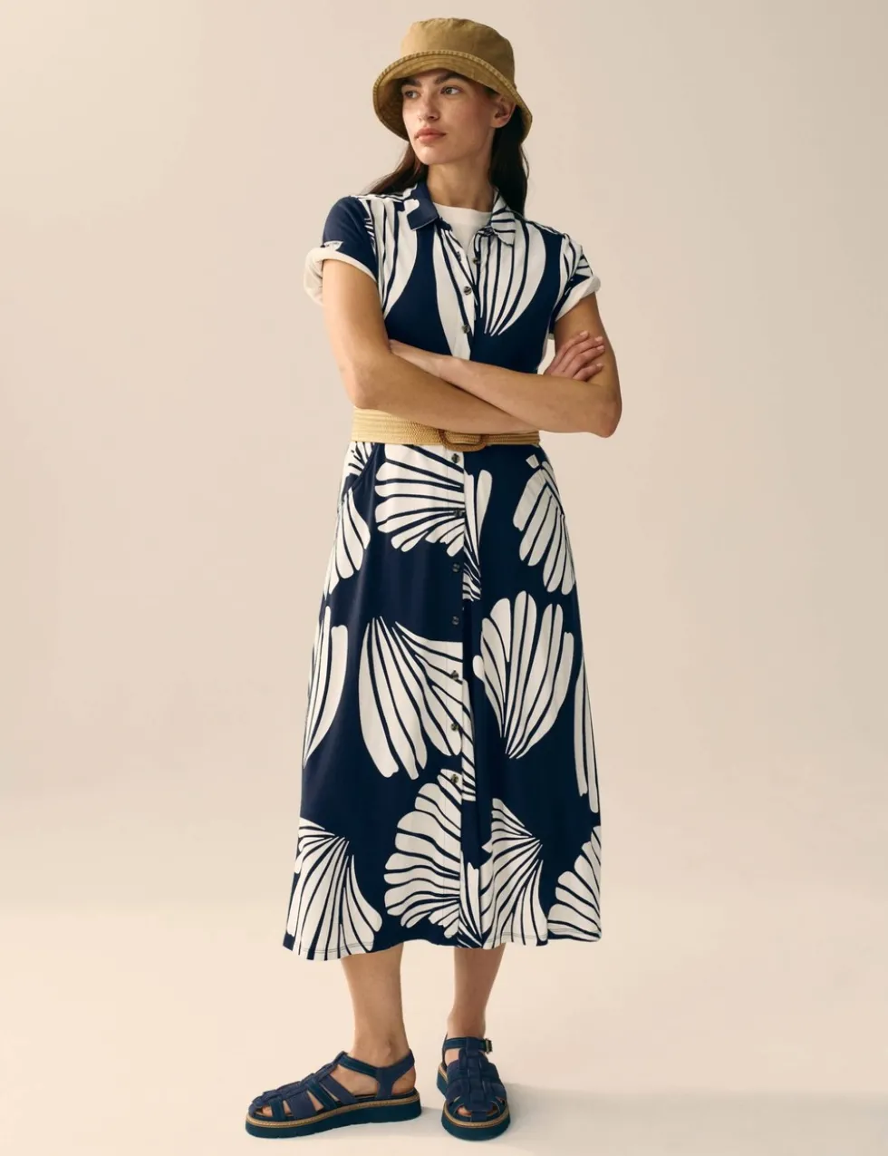 Cotton Blend Heart Print Midi Shirt Dress