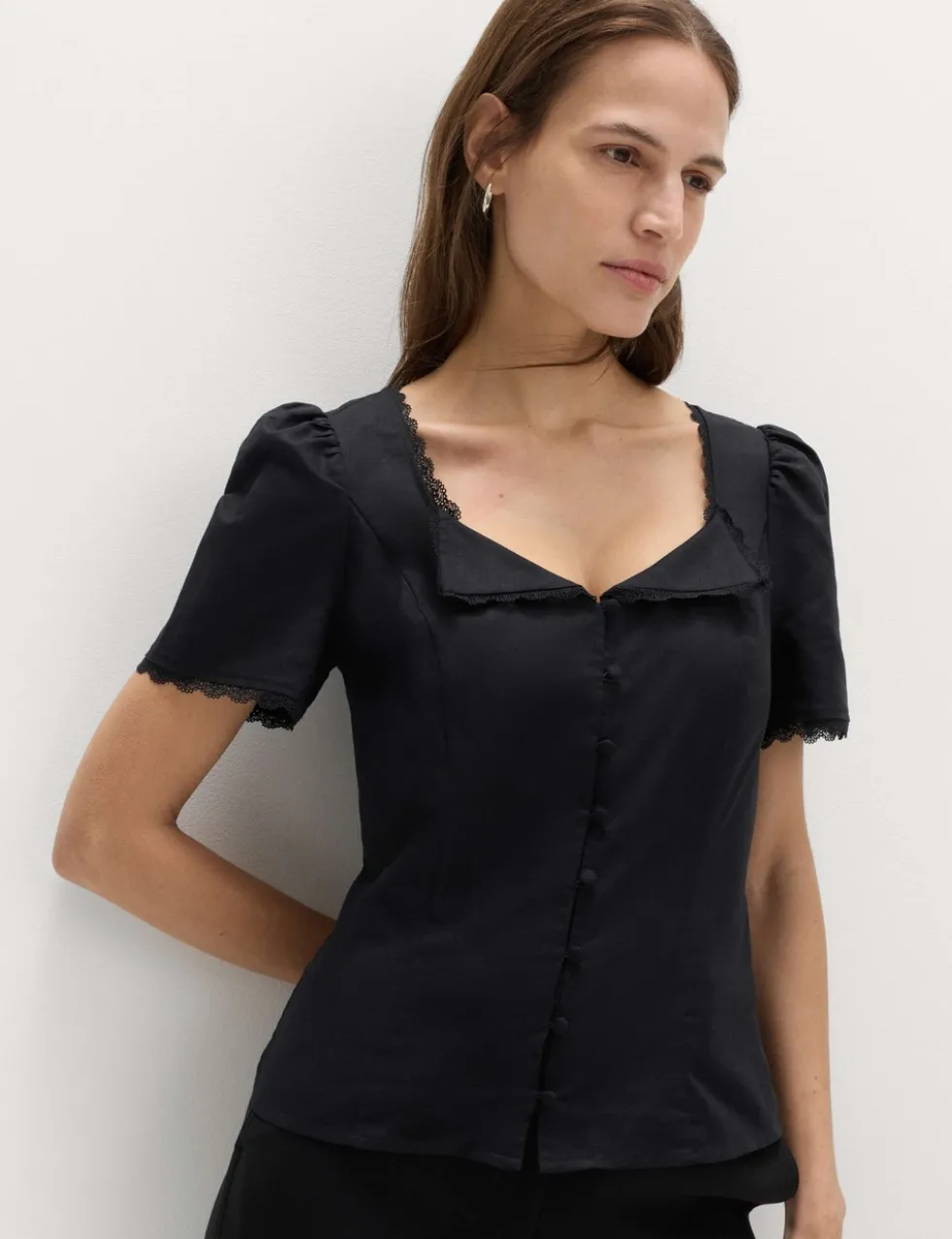 Cotton Blend Lace Detail Waisted Top