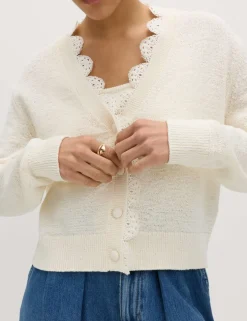 Cotton Blend Lace Trim V-Neck Cardigan