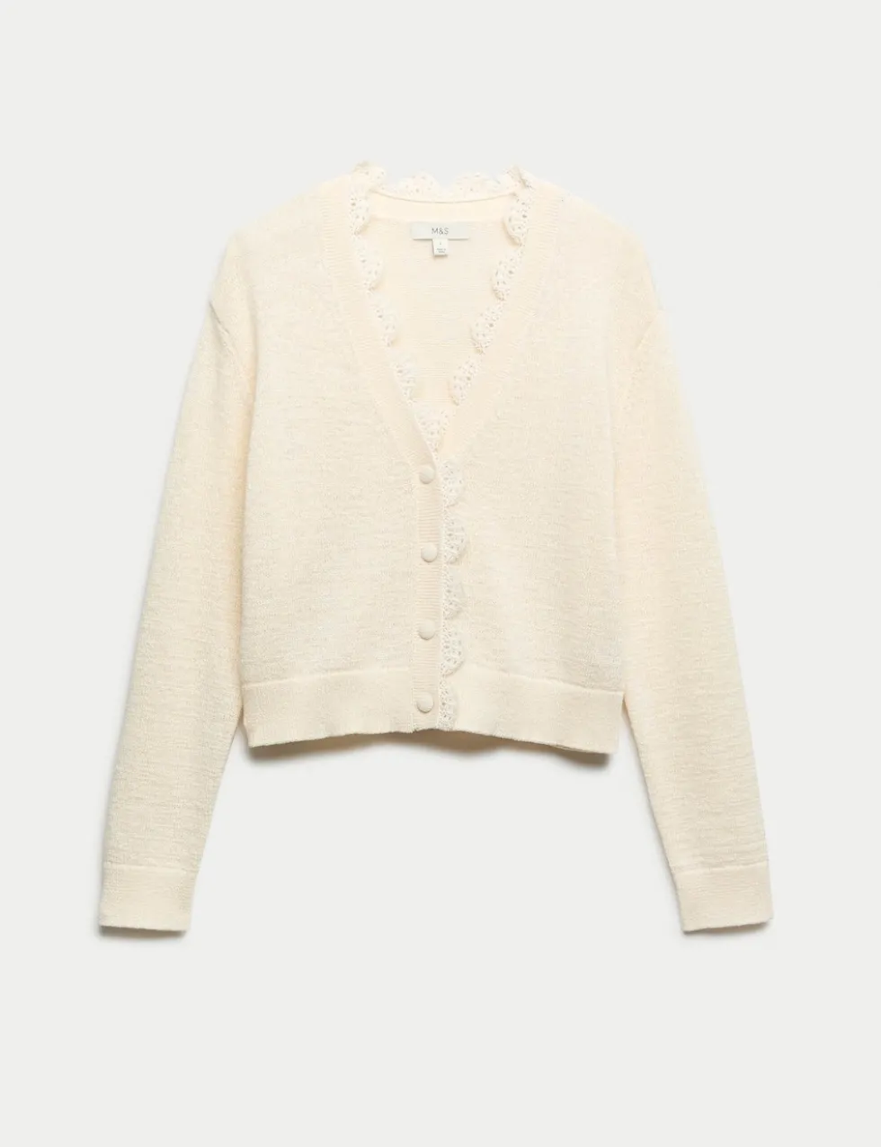 Cotton Blend Lace Trim V-Neck Cardigan