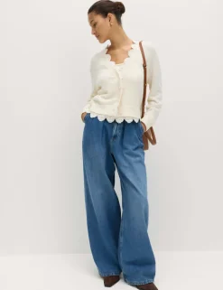 Cotton Blend Lace Trim V-Neck Cardigan