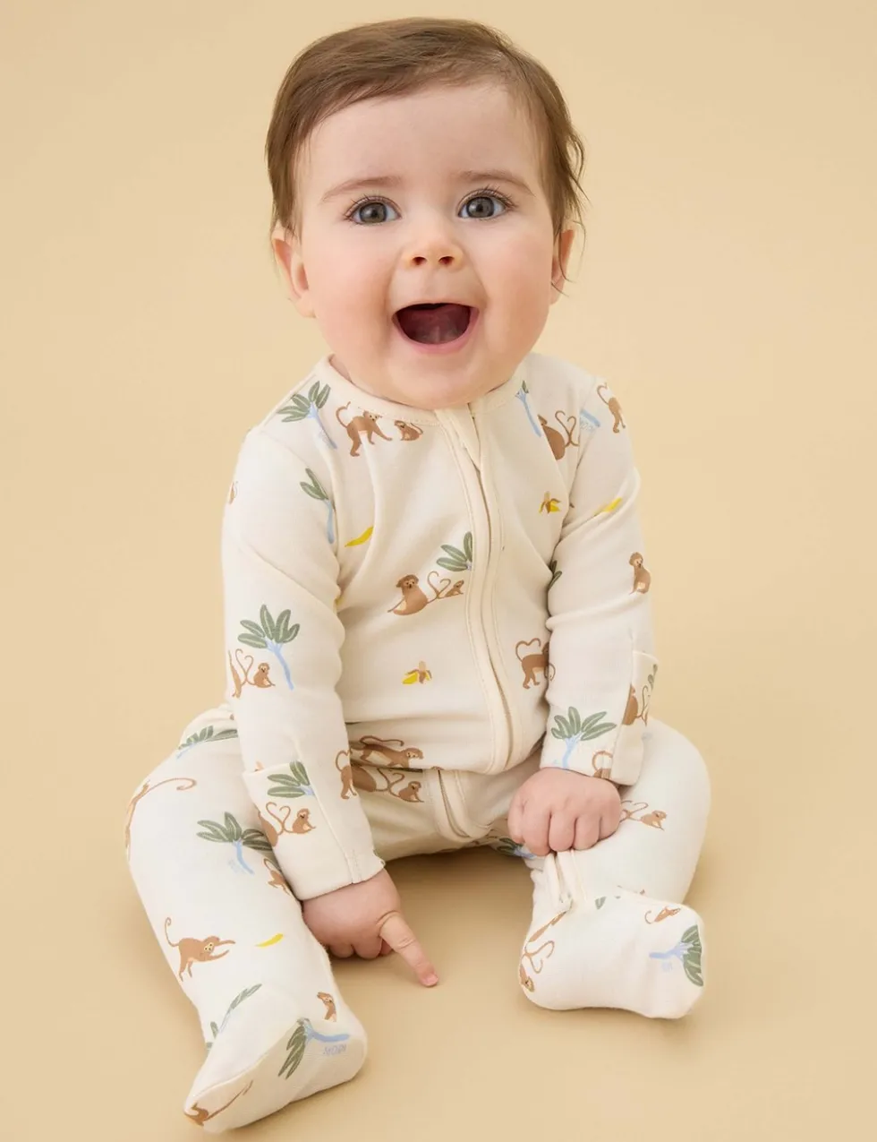 Cotton Blend Monkey Zip Sleepsuit (7lbs-3 Yrs)