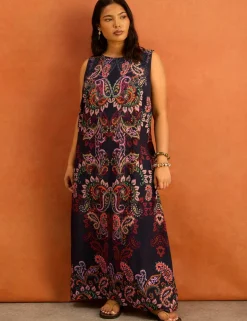 Cotton Blend Paisley Maxi Shift Dress