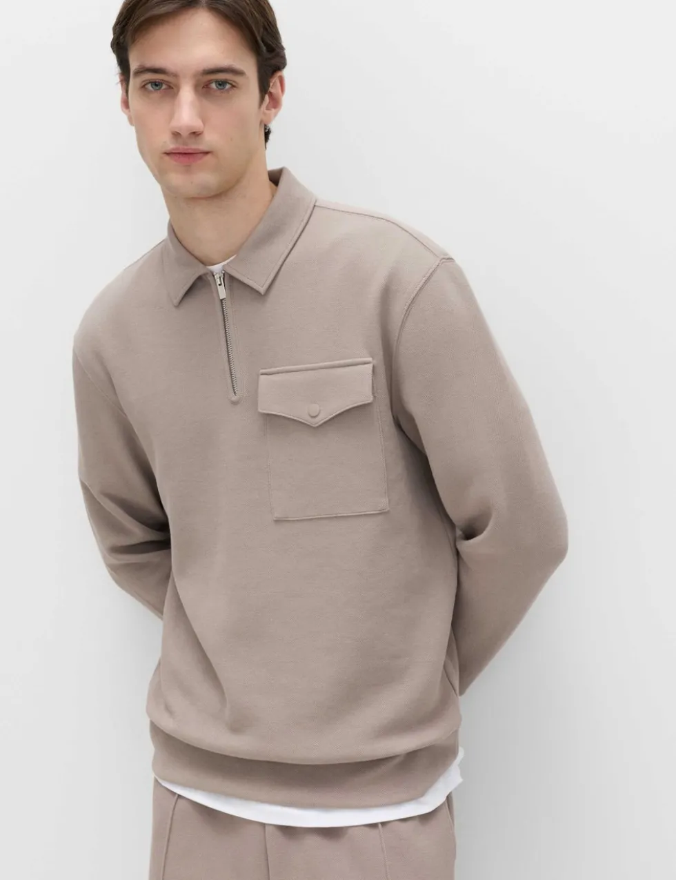 Cotton Blend Pique Half Zip Top