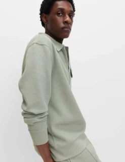 Cotton Blend Pique Half Zip Top