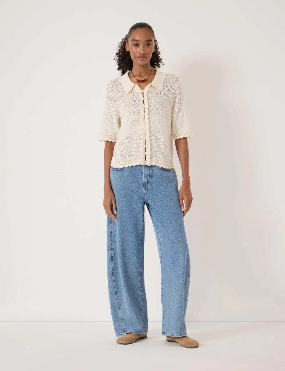 Cotton Blend Pointelle Collared Cardigan