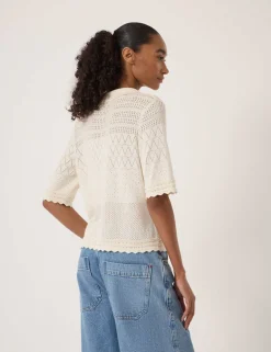 Cotton Blend Pointelle Collared Cardigan