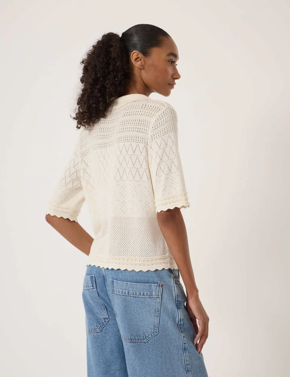 Cotton Blend Pointelle Collared Cardigan