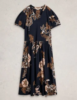 Cotton Blend Printed Midi Waisted Dress