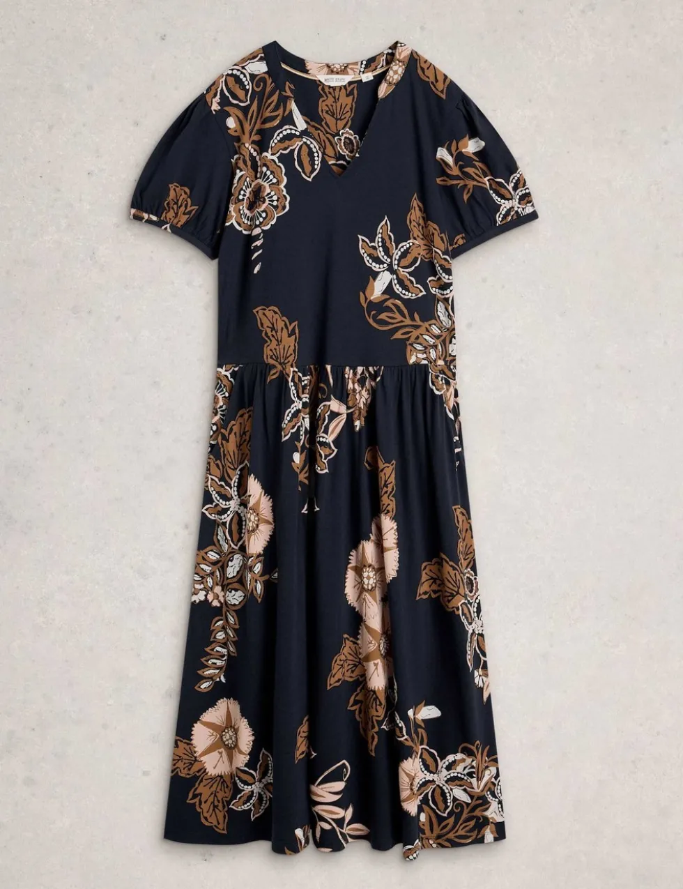 Cotton Blend Printed Midi Waisted Dress