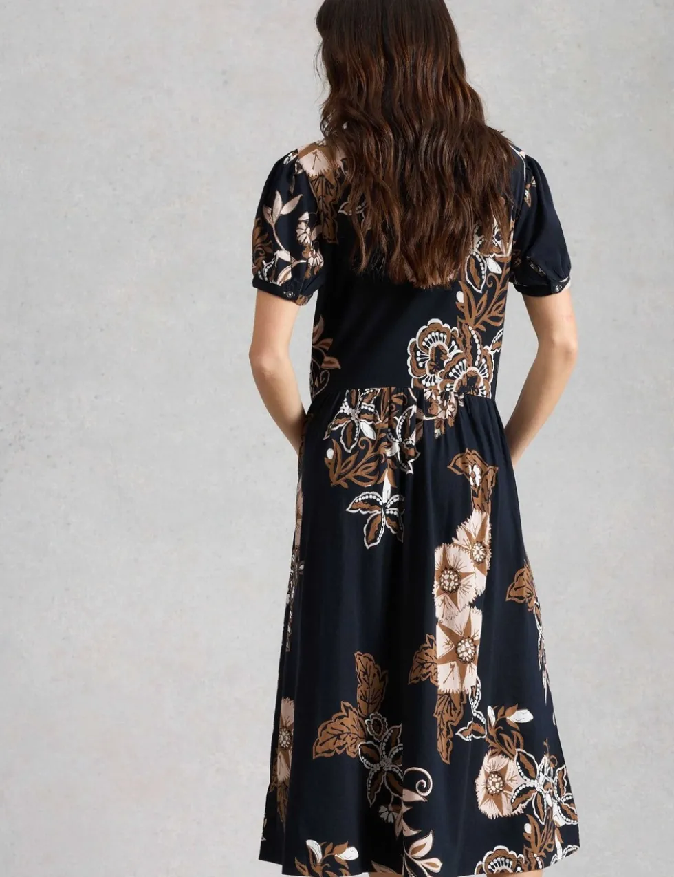 Cotton Blend Printed Midi Waisted Dress