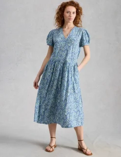 Cotton Blend Printed Midi Waisted Dress