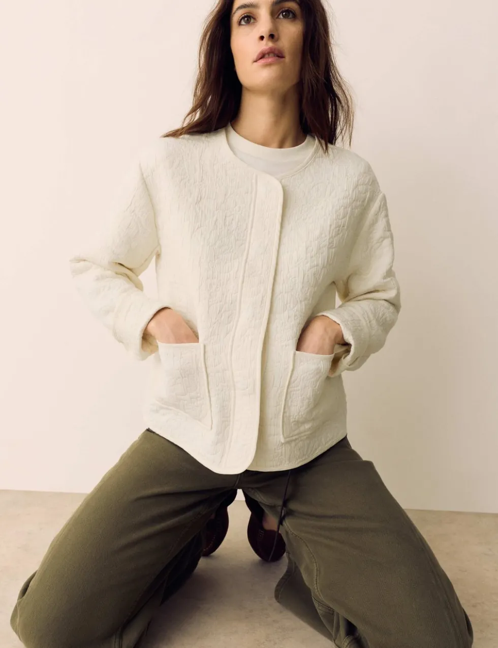 Cotton Blend Quilted Collarless Jacket
