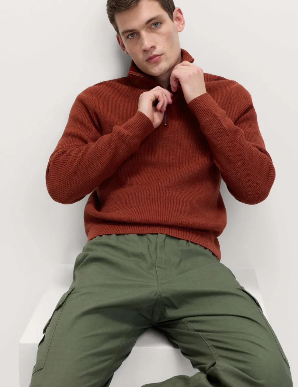 Cotton Blend Ribbed Half Zip Jumper