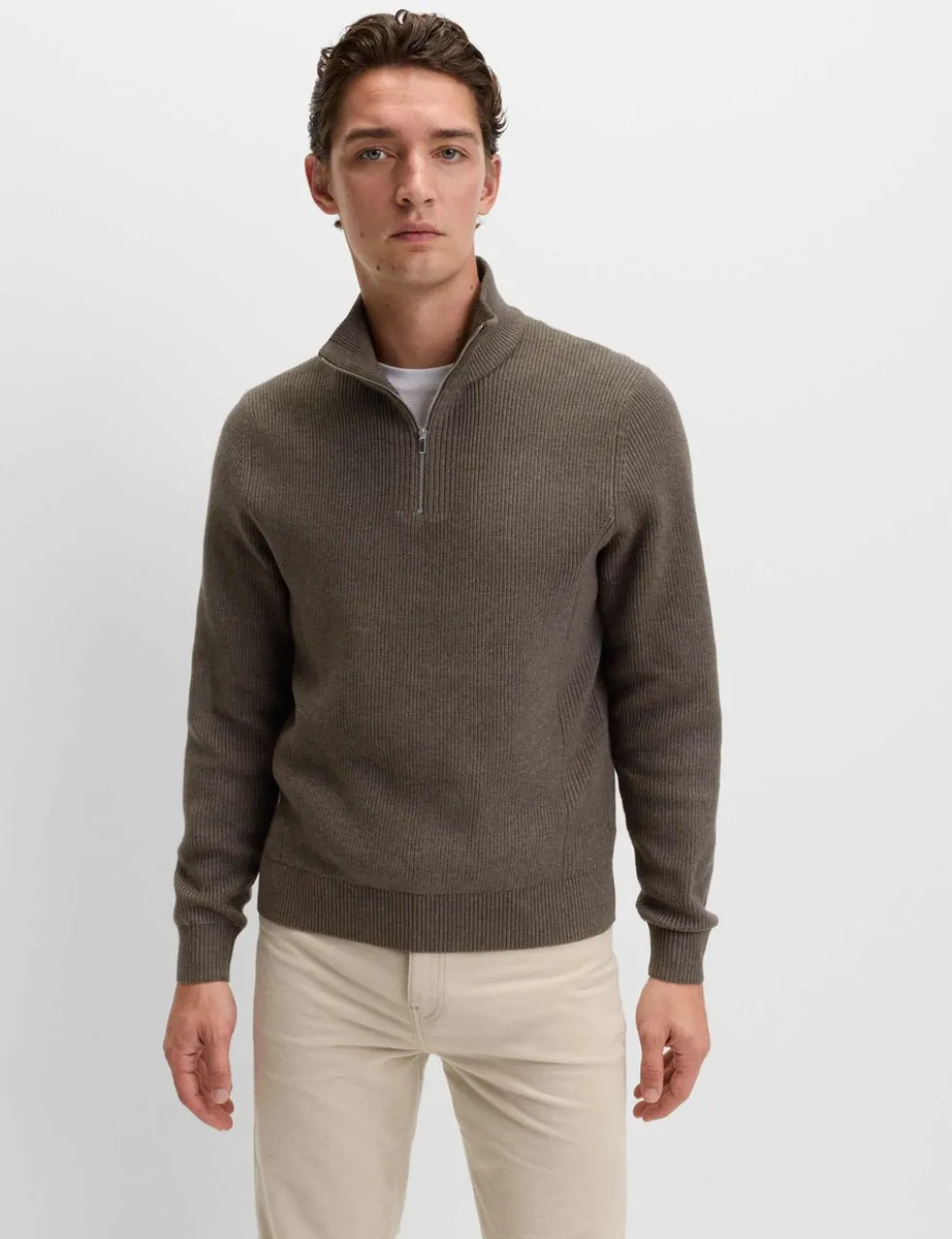 Cotton Blend Ribbed Half Zip Jumper