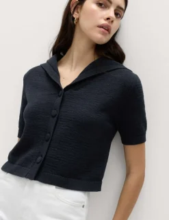 Cotton Blend Sailor Collared Cardigan