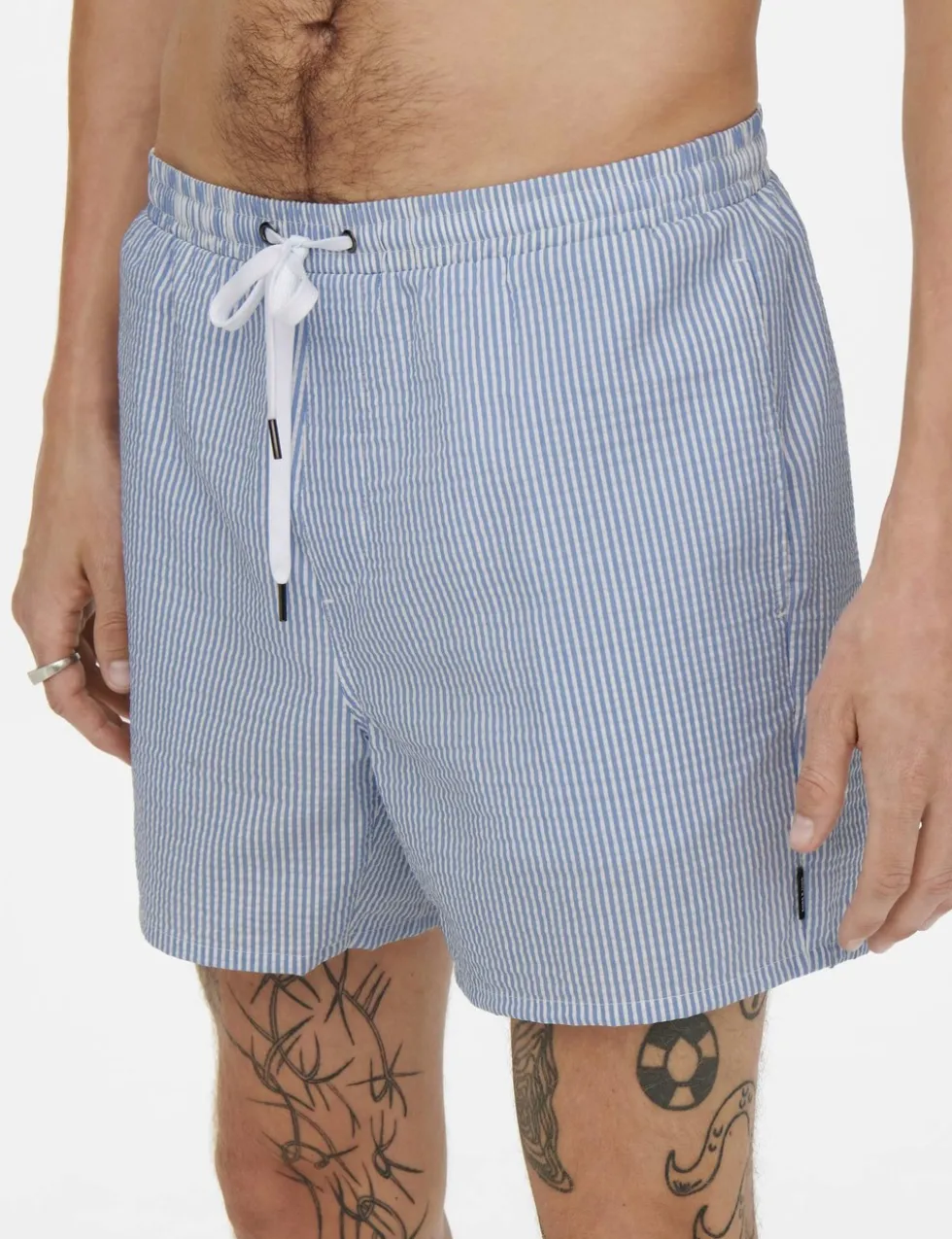 Cotton Blend Seersucker Striped Swim Shorts