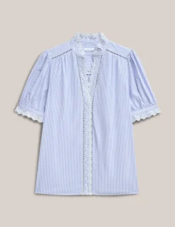 Cotton Blend Striped Broderie Detail Blouse