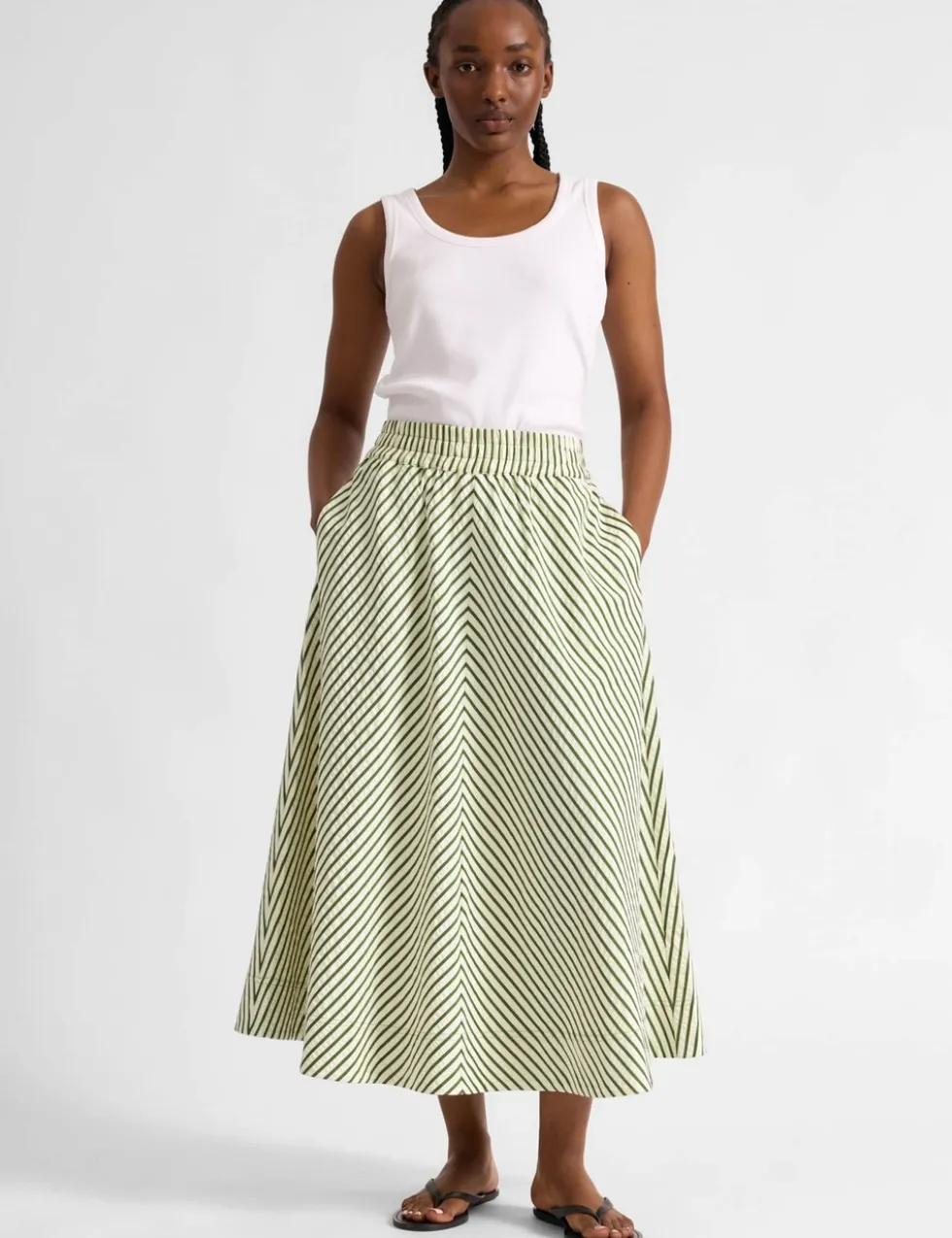 Cotton Blend Striped Midi A-Line Skirt