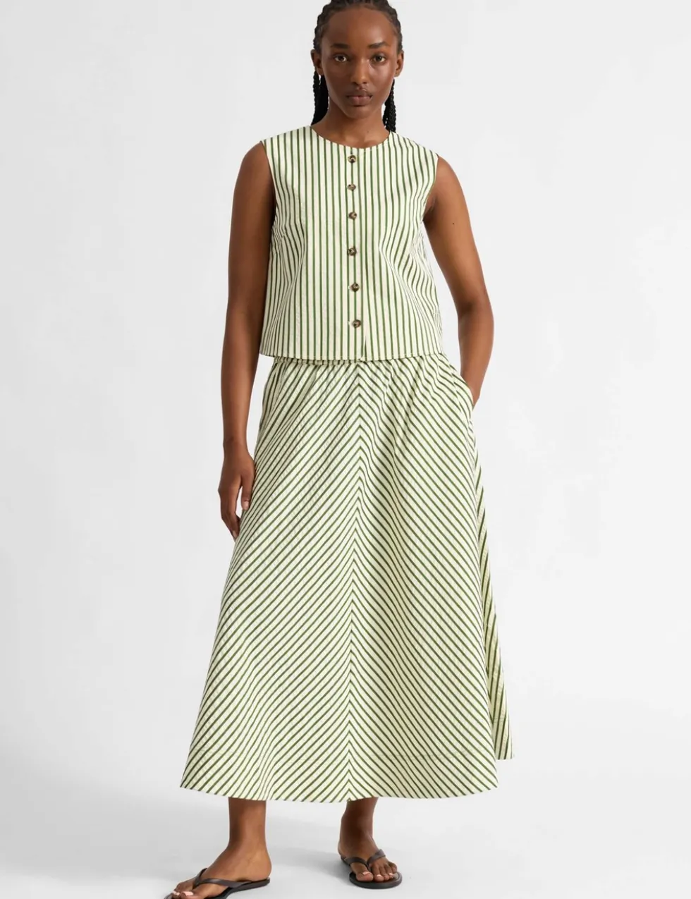 Cotton Blend Striped Midi A-Line Skirt