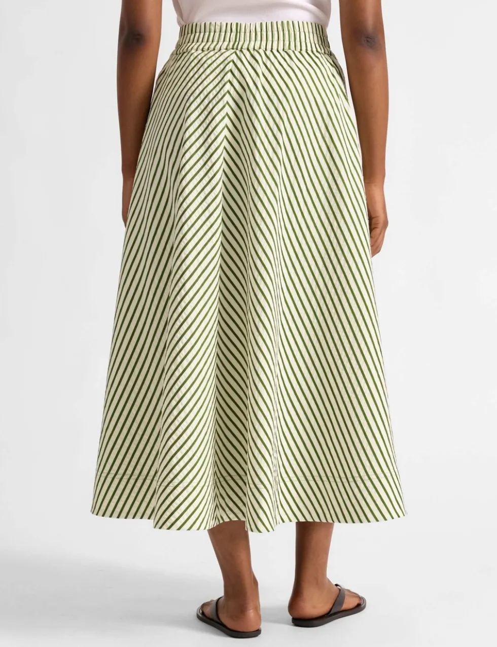 Cotton Blend Striped Midi A-Line Skirt