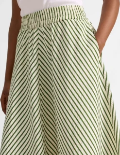 Cotton Blend Striped Midi A-Line Skirt